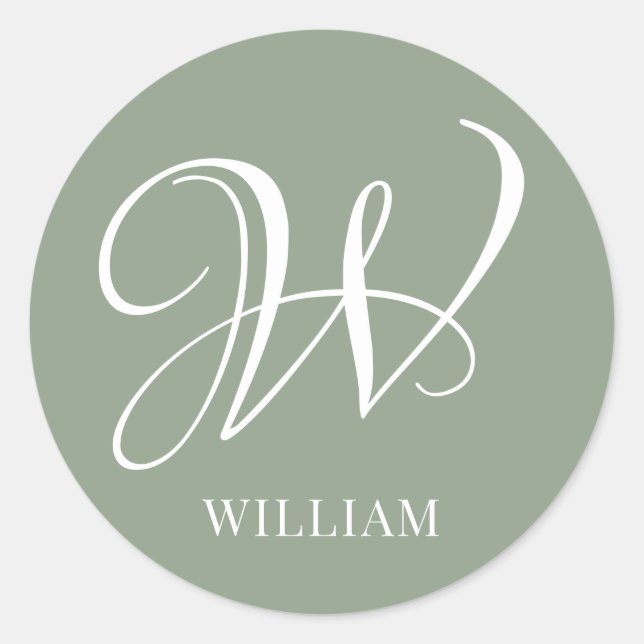 Initial Personalized Elegant Sage Green Monogram  Classic Round Sticker (Front)