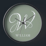 Initial Personalized Elegant Sage Green Monogram Clock<br><div class="desc">Simple stylish custom initial monogram in modern typography. Perfect custom gift with a personal touch</div>