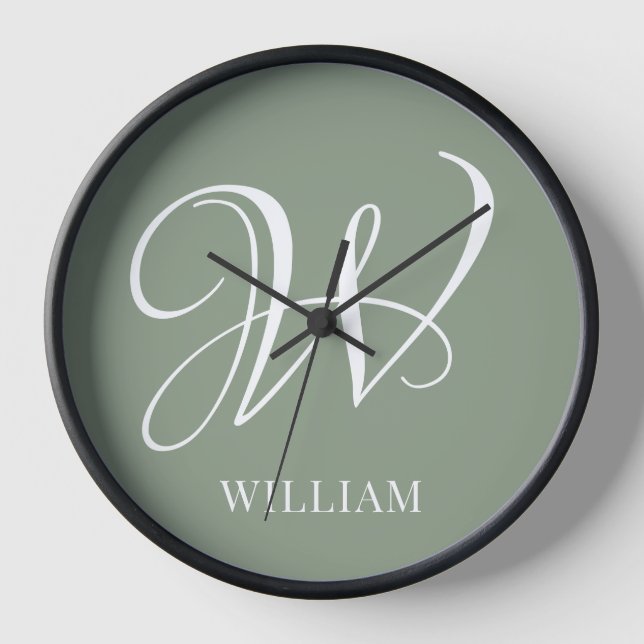 Initial Personalized Elegant Sage Green Monogram  Clock (Front)
