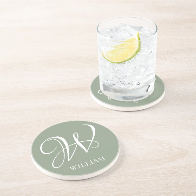 Initial Personalized Elegant Sage Green Monogram  Coaster (Side)