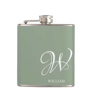Initial Personalized Elegant Sage Green Monogram Hip Flask