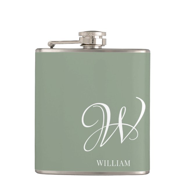 Initial Personalized Elegant Sage Green Monogram  Hip Flask (Front)