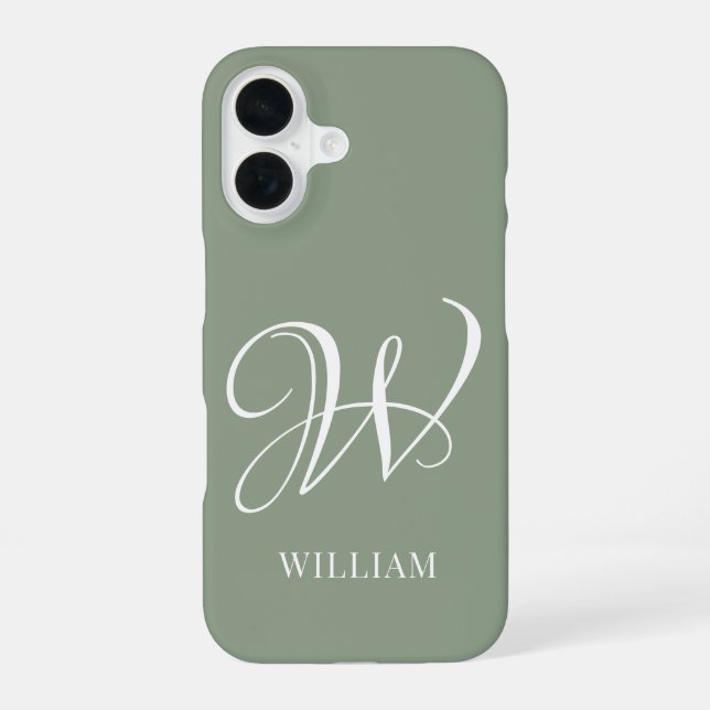 Initial Personalized Elegant Sage Green Monogram  iPhone 16 Case (Back)