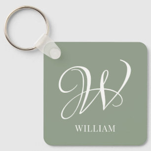 Initial Personalized Elegant Sage Green Monogram  Keychain