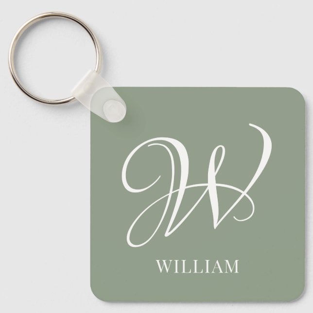 Initial Personalized Elegant Sage Green Monogram  Keychain (Front)