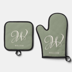 Initial Personalized Elegant Sage Green Monogram  Oven Mitt & Pot Holder Set