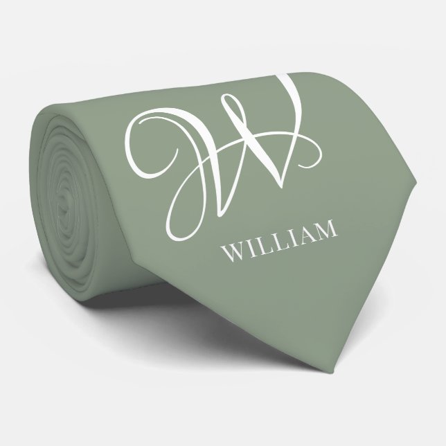 Initial Personalized Elegant Sage Green Monogram  Tie (Rolled)