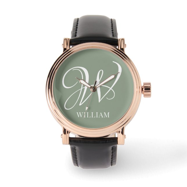 Initial Personalized Elegant Sage Green Monogram  Watch (Front)