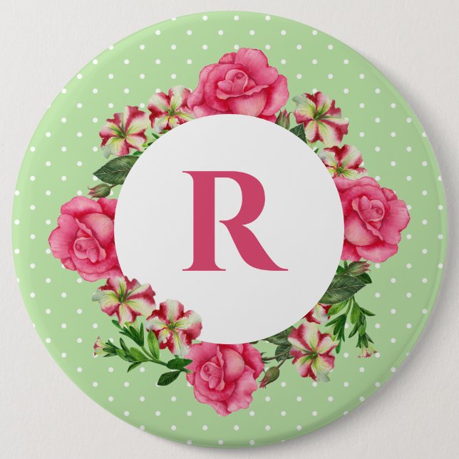 Initial Pink Rose Red White Petunia Polka Dots 6 Inch Round Button (Front)