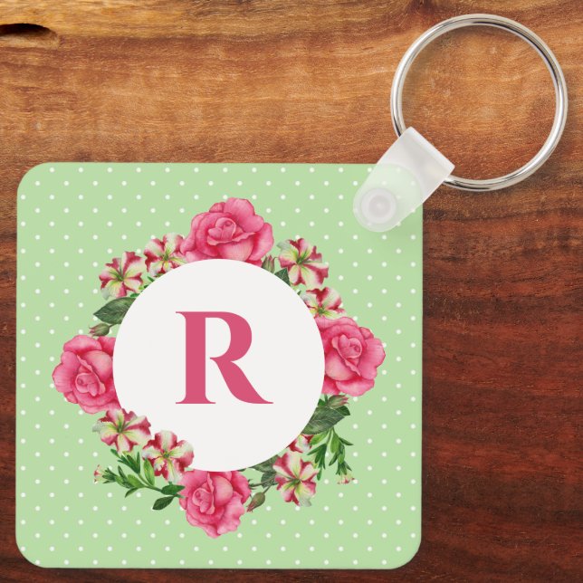 Initial Pink Rose Red White Petunia Polka Dots Keychain (Back)