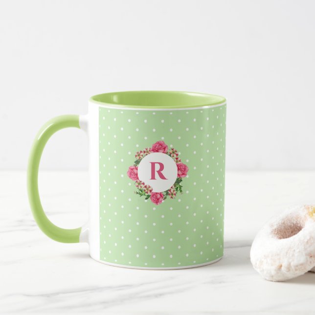 Initial Pink Rose Red White Petunia Polka Dots Mug (With Donut)