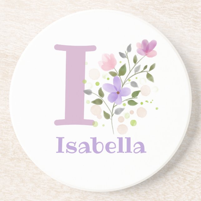 Initial Plus Name & Flowers Design Coaster (Front)