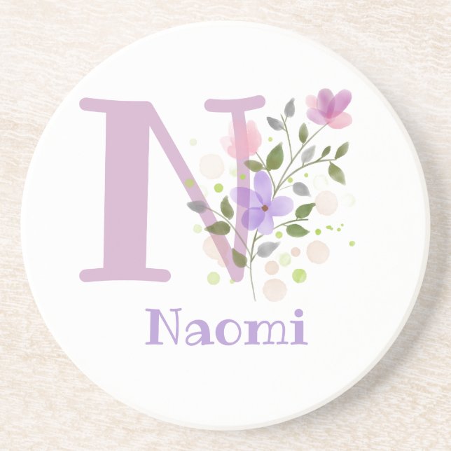 Initial Plus Name & Flowers Design Coaster (Front)
