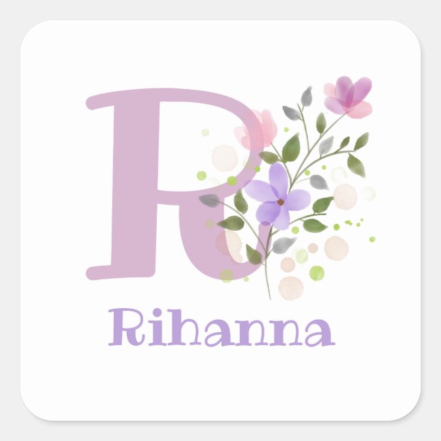 Initial Plus Name & Flowers Design Square Sticker (Front)