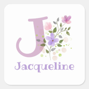 Initial Plus Name & Flowers Design Square Sticker