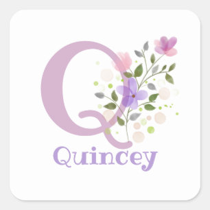 Initial Plus Name Quincey & Flowers Design Square Sticker
