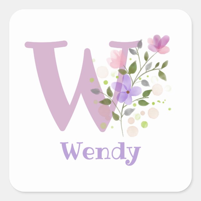 Initial Plus Name Wendy Floral Design Square Sticker (Front)