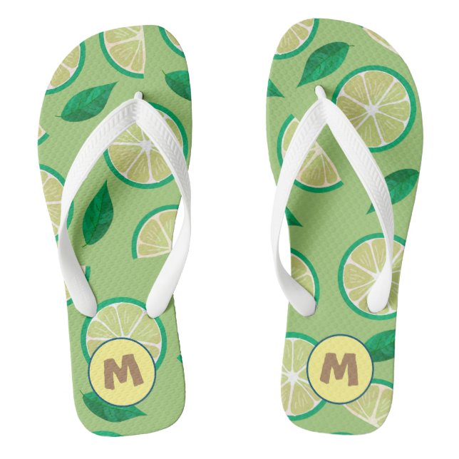 Initial Pretty retro Lemon l Greenery pattern Flip Flops (Footbed)