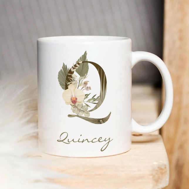 Initial Q Boho Floral Orchid Greenery Custom Name Coffee Mug (Creator Uploaded)