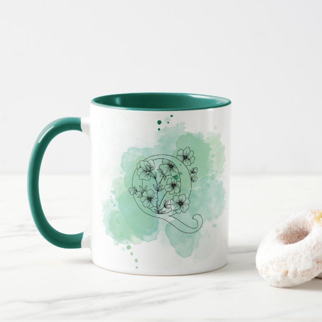 Initial Q Watercolor Monogram Green Botanical  Mug (With Donut)