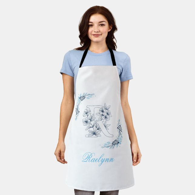 Initial "R" Blue Monogram Calm Floral Apron (Worn)
