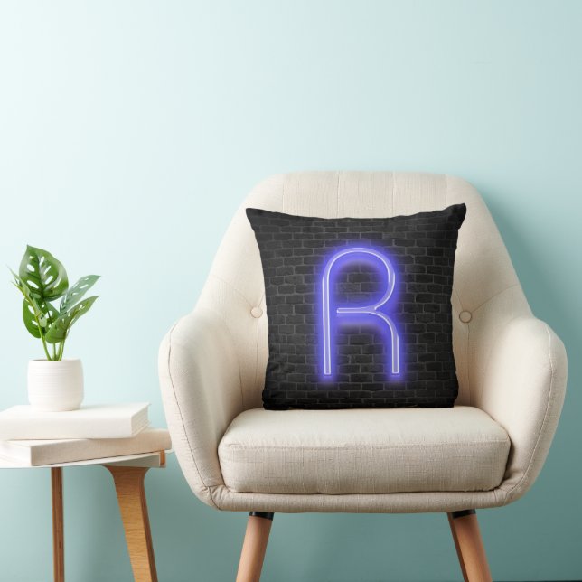 Initial R In Neon Marquee On Brick Throw Pillow (Chair)