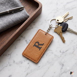 Initial R Monogram Faux Tan Leather Keychain