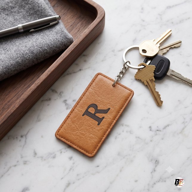 Initial R Monogram Faux Tan Leather Keychain (Creator Uploaded)