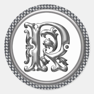 Initial R Round Sticker in Silver