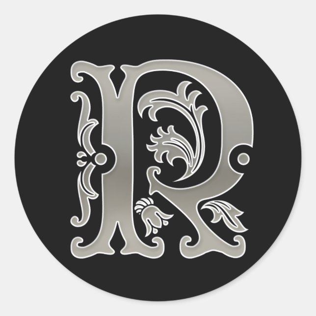 Initial R Round Sticker in silver (Front)