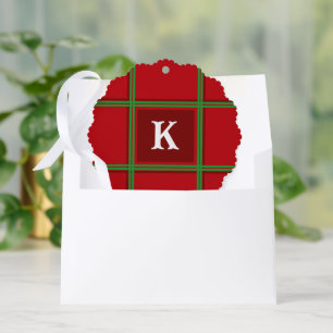 Initial Red and Green Plaid Simple Design Ornament Card