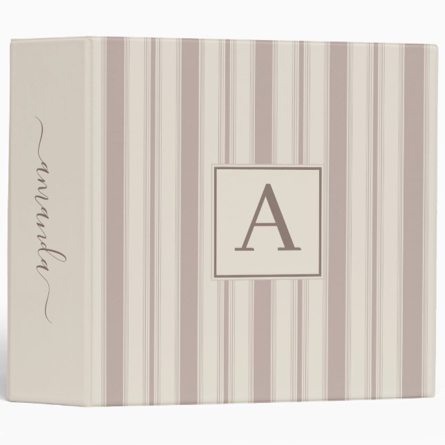 Initial Rustic Farmhouse Striped Beige & Taupe Binder (Front/Spine)