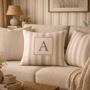 Initial Rustic Farmhouse Striped Beige & Taupe Throw Pillow