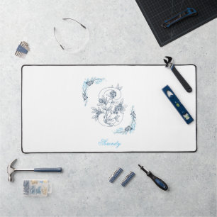 Initial "S" Blue Monogram Calm Floral Desk Mat