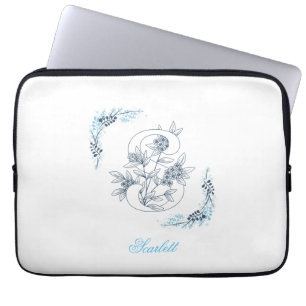 Initial "S" Blue Monogram Calm Floral Laptop Sleeve