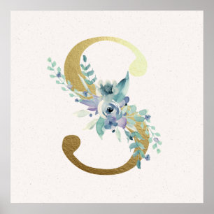 Initial S Golden and Blue Floral Monogram Poster