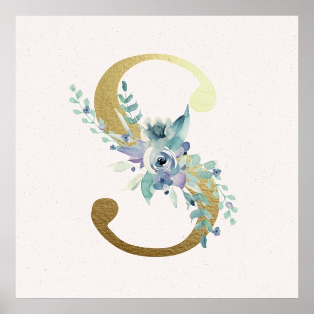 Initial S Golden and Blue Floral Monogram Poster (Front)