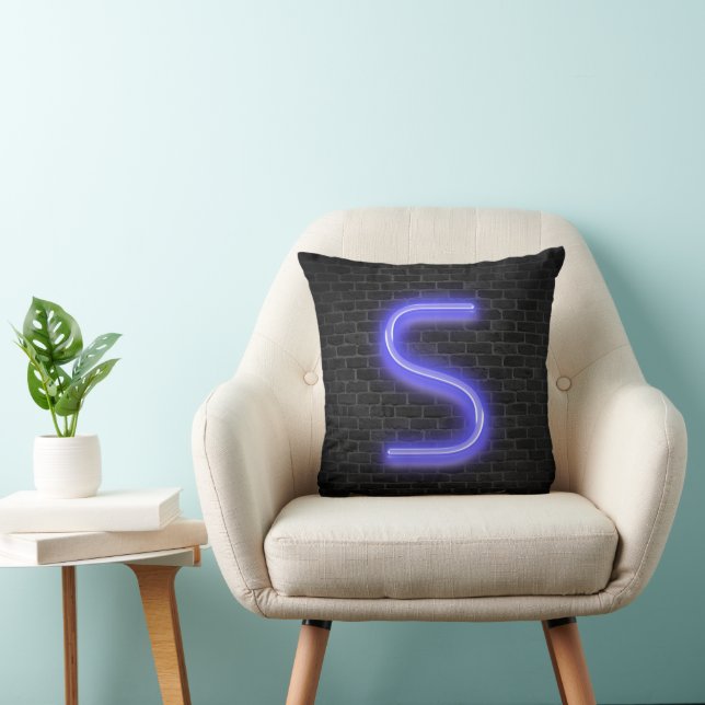 Initial S In Neon Marquee On Brick  Throw Pillow (Chair)