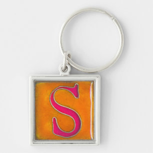 initial S keychain, cloisonne, orange and pink Keychain