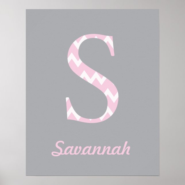 Initial S" Personalized Chevron Pink Baby Name Poster (Front)