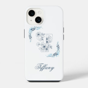 Initial "T" Blue Monogram Calm Floral iPhone 14 Case