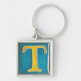 initial T  keychain, cloisonne, yellow and aqua Keychain