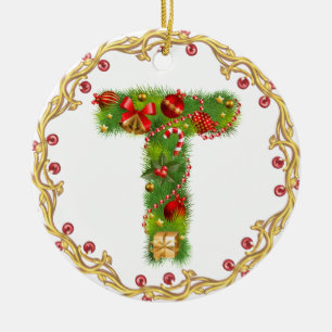 initial T monogrammed christmas ornament - circle