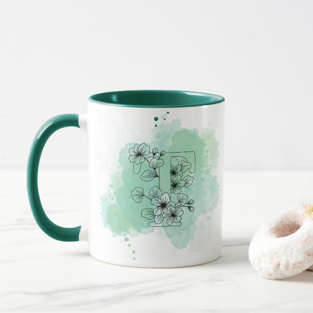 Initial T Watercolor Monogram Green Botanical  Mug (With Donut)