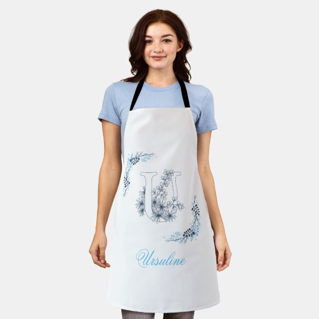 Initial "U" Blue Monogram Calm Floral Apron (Worn)