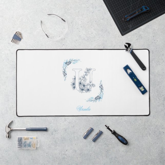 Initial "U" Blue Monogram Calm Floral Desk Mat (Workstation)