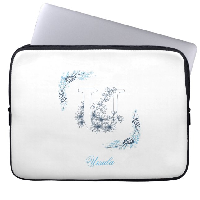 Initial "U" Blue Monogram Calm Floral Laptop Sleeve (Front)