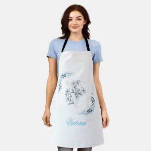 Initial "V" Blue Monogram Calm Floral Apron