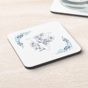 Initial "V" Blue Monogram Calm Floral Coaster