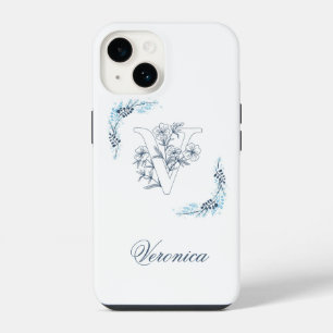 Initial "V" Blue Monogram Calm Floral iPhone 14 Case